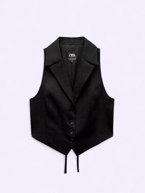Zara Black Linen Cotton Blend Button Up Vest Top Back Ties Lined Preppy
